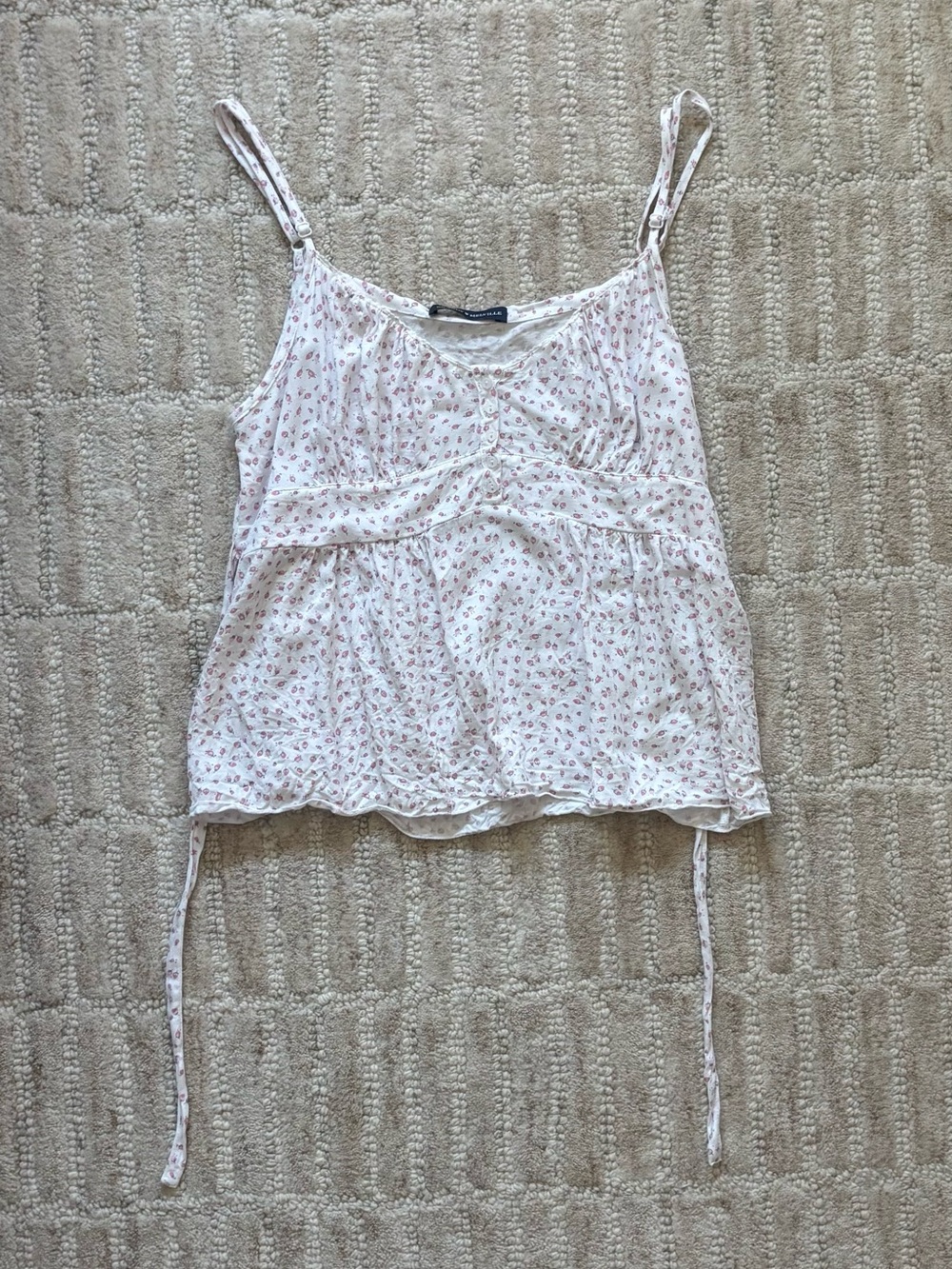 Brandy Melville Floral Spaghetti Strap Tank Top - Soft White with Pink Print